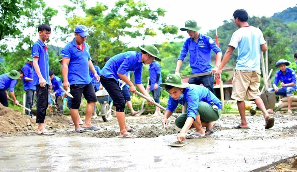 Estudiantes voluntarios de la Universidad de Hue participaron en la construcción de caminos rurales durante la campaña “Juventud Voluntaria del Verano 2018”. (Foto: VNA)