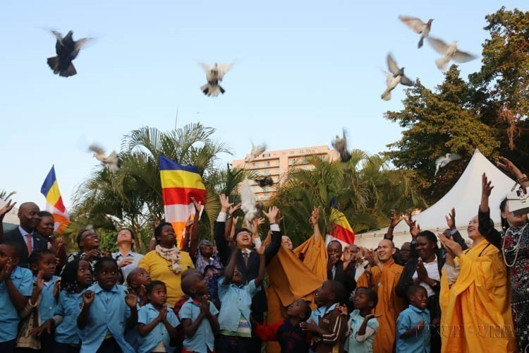 Palomas liberadas en un ritual de paz organizado por la Asociación Budista de Vietnam en coordinación con la Embajada de Hanoi, durante la celebración de Vesak 2019 en Mozambique (Maputo, 29 de mayo de 2019). (Foto: VNA)