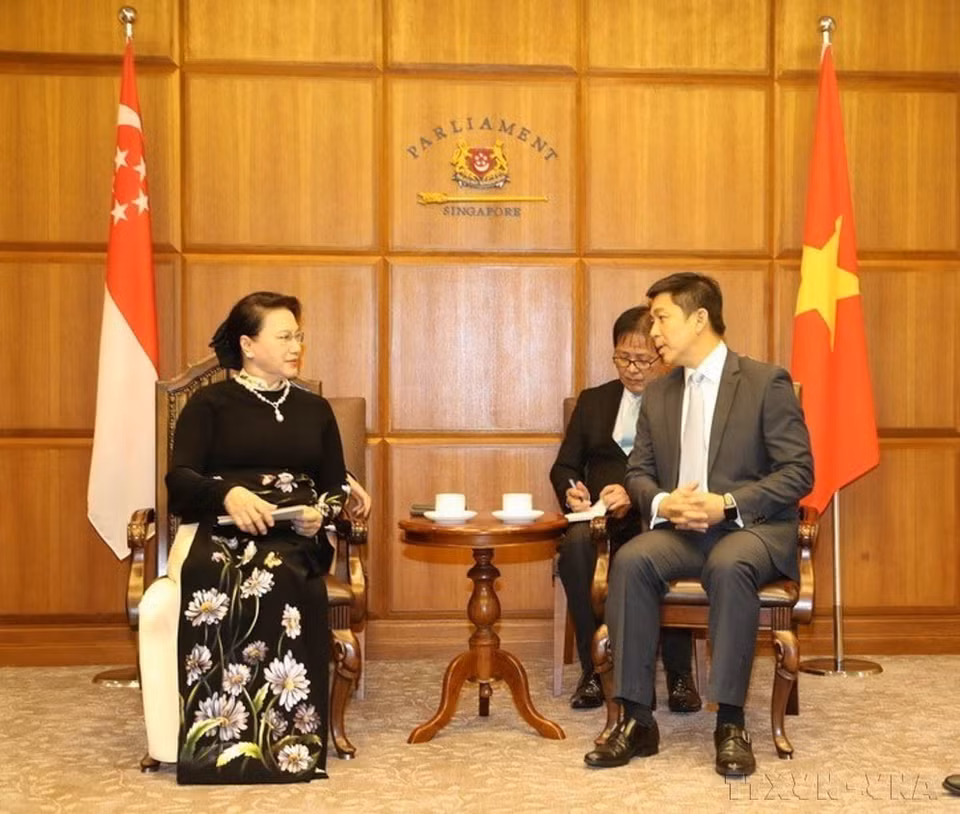 La entonces presidenta de la Asamblea Nacional de Vietnam, Nguyen Thi Kim Ngan, se reunió con el titular del Parlamento de Singapur, Tan Chuan-Jin, en la sede del órgano legislativo singapurense el 28 de noviembre de 2017. (Foto: VNA)