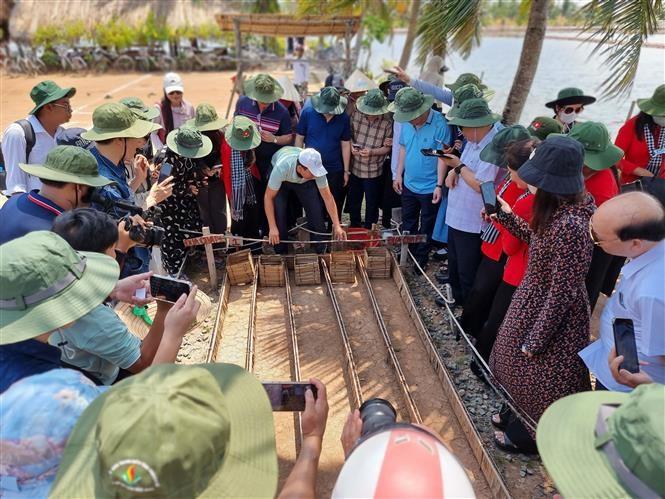 En los primeros nueve meses de 2025, la provincia sureña de Vinh Long atendió a casi siete millones de visitantes, para un alza del 12% en comparación con el mismo período del año anterior. Del total, la cifra de turistas extranjeros alcanzó casi un millón, un incremento interanual del 88%. En la foto: Turistas se muestran entusiasmados con los juegos en el sitio de turismo comunitario de Con Chim, comuna de Hoa Minh. (Foto: VNA)