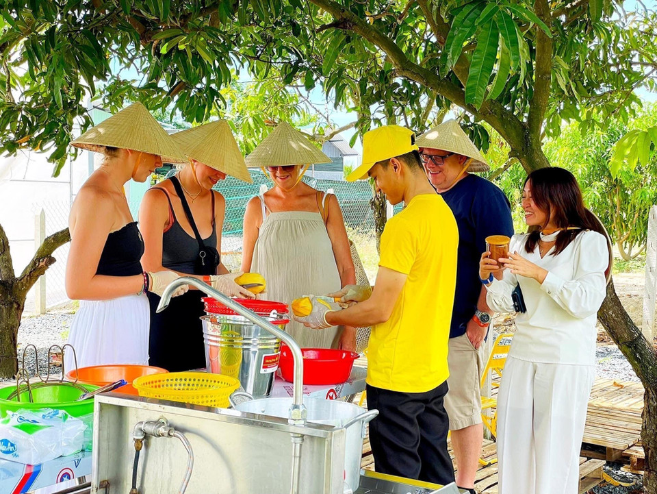 Turistas extranjeros disfrutan de la experiencia de elaborar productos de mango en Cam Lam, provincia de Khanh Hoa. (Foto: VNA)