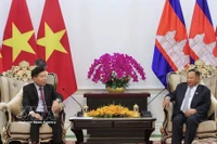 El viceministro vietnamita de Relaciones Exteriores Nguyen Manh Cuong (izquierda) se reúne con el vicepresidente del Partido Popular de Camboya Samdech Say Chhum. (Fuente: VNA)