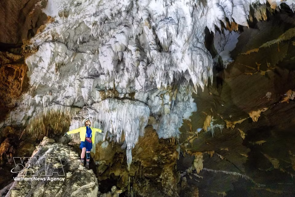 La cueva cuenta con un impresionante sistema de estalactitas. El descubrimiento se considera de gran valor geológico, lo que refuerza el potencial del sitio para la investigación científica, la conservación y el turismo de aventura. (Foto: VNA)