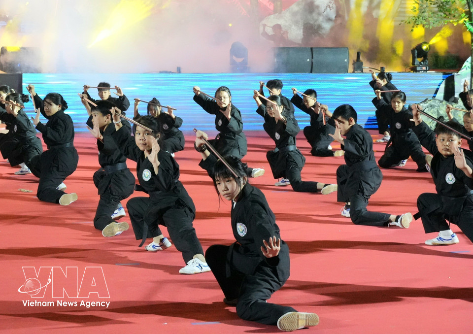 Estudiantes demuestran habilidades técnicas del arte marcial Vo Sao. (Foto: VNA)