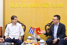 El presidente de la Asociación de Periodistas de Vietnam, Le Quoc Minh, y Jorge Legañoa Alonso, presidente de la Agencia Informativa Latinoamericana Prensa Latina. (Foto: VNA)