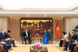 Lla viceprimera ministra vietnamita, Pham Thi Thanh Tra, recibe a una delegación de la Universidad Tecnológica de Texas, encabezada por Stephen Maxner, director del Centro Vietnam y Archivo Sam Johnson (VNCA). (Foto: VNA)