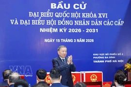 El secretario general del Partido Comunista de Vietnam, To Lam, asiste a la ceremonia de apertura y emite su voto en el colegio electoral No. 02 del barrio de Ba Dinh, Hanoi. Foto: VNA