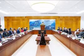 La sesión de trabajo en Vientiane entre los comités de Paz de Vietnam y Laos. (Foto: VNA)