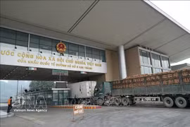 Mercancías despachadas de aduana cruzan el Puesto Fronterizo Internacional Kim Thanh - Lao Cai. (Foto: VNA)