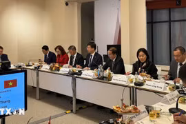 El viceministro del Interior de Vietnam Vu Chien Thang y la delegación vietnamita en sesión de trabajo con la parte alemana. (Foto: VNA) 