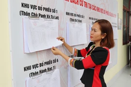 Los pobladores de la etnia Raglai en la comuna de Bac Ai Tay (Khanh Hoa) consultan la lista de votantes publicada oficialmente en la sede del Comité Popular comunal. Foto: VNA