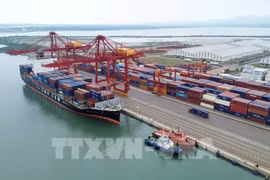 Barco recibe contenedores en puerto marítimo internacional Chu Lai. (Foto: VNA)