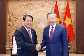 El secretario general del Partido Comunista y presidente de Vietnam, To Lam, (derecha) recibe a Athsaphangthong Siphandone, secretario del Comité del Partido y presidente del Consejo Popular de Vientiane. (Foto: VNA) 