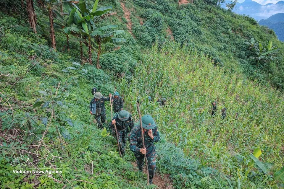 El difícil terreno montañoso sigue siendo un gran desafío que complica el acceso del equipo a las zonas de búsqueda. Foto: VNA