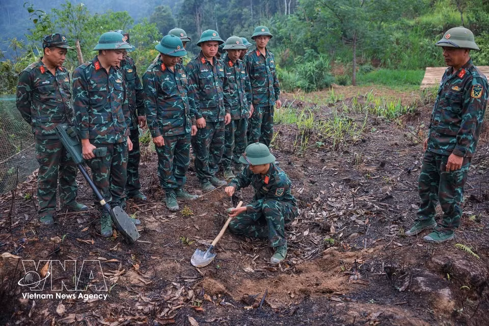 Los miembros del equipo emplean detectores de minas para asegurar que el área de búsqueda esté completamente “libre de explosivos” antes de comenzar las operaciones. Foto: VNA