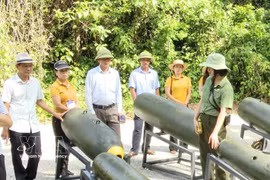 Turistas visitan el área de exhibición de diferentes tipos de carcasas de bombas en la zona ecoturística “Legendaria ruta Truong Son - Cueva de Mando”. (Fuente: VNA)