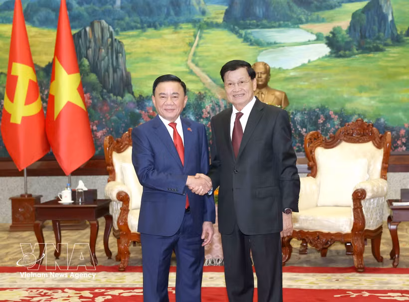 El miembro del Buró Político y miembro permanente del Secretariado del Comité Central del PCV, Tran Cam Tu (izquierda), se reúne con el secretario general del PPRL y presidente de Laos, Thongloun Sisoulith. (Foto: VNA)