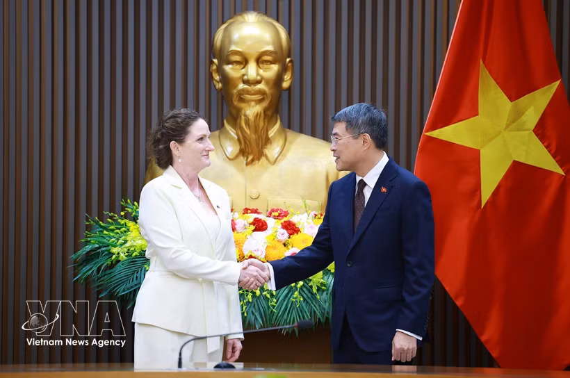 El primer ministro de Vietnam, Le Minh Hung, recibe a la embajadora de Nueva Zelanda en Hanoi, Caroline Beresford. (Foto: VNA)