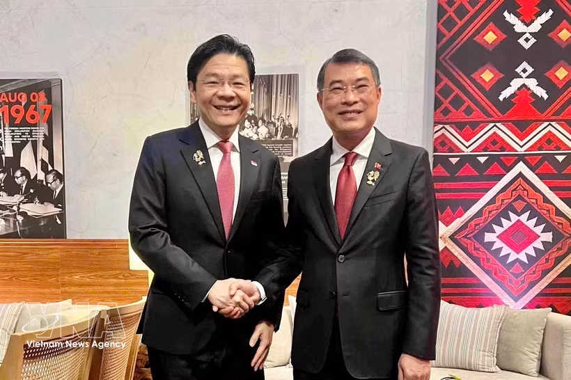 El primer ministro de Vietnam, Le Minh Hung (derecha), se reúne con su homólogo singapurense, Lawrence Wong. (Foto: VNA)