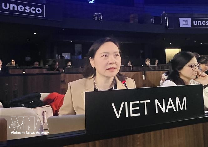 La embajadora Nguyen Thi Van Anh, representante permanente de Vietnam ante la UNESCO, interviene en la sesión (Foto: VNA)
