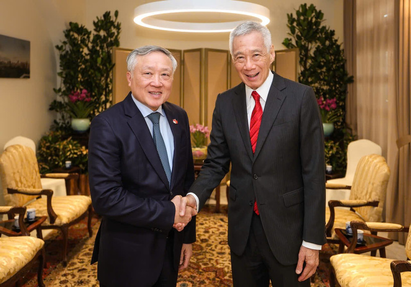El miembro del Buró Político y viceprimer ministro de Vietnam, Nguyen Hoa Binh (izquierda), se reúne con el ministro principal de Singapur, Lee Hsien Loong (Foto: MDDI)