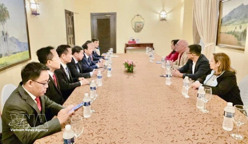 En la sesión de trabajo con el viceministro cubano de Educación Superior, Reynaldo Veláquez Zaldívar (Foto: VNA)