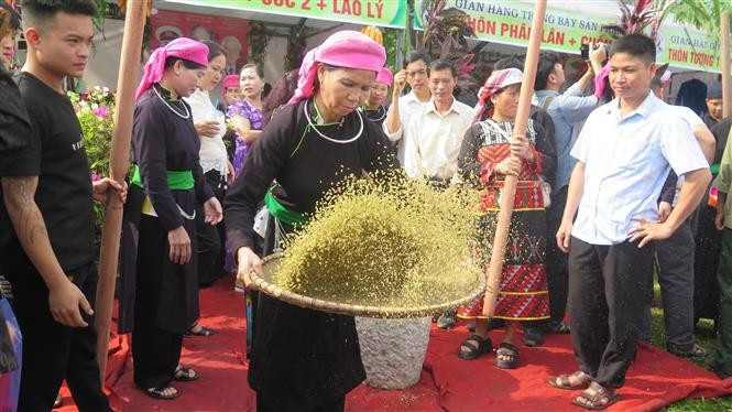 Mujeres de la etnia Tay en la comuna de Hop Thanh cribando el Com, una etapa esencial en el proceso de elaboración. Foto: VNA