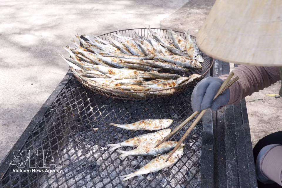 Las sardinas frescas, tras ser capturadas, se limpian, se colocan en parrillas y se asan a las brasas directamente en la playa. (Foto: VNA)