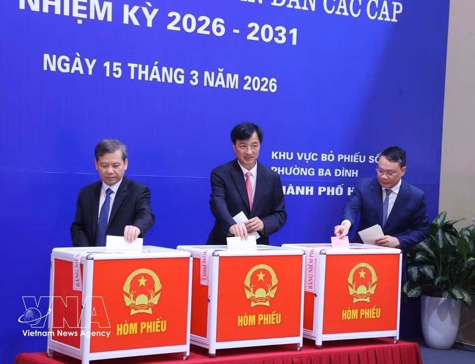 Dirigentes de Vietnam ejercen sus derechos al voto en las elecciones legislativas . (Foto: VNA)
