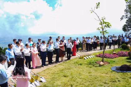 El embajador de China en Vietnam, He Wei, participa en la plantación de 100 árboles de parasol chino (Firmiana simplex) en la provincia de Tay Ninh. (Foto: VNA)
