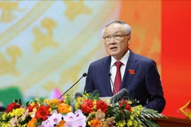 El viceprimer ministro permanente de Vietnam, Nguyen Hoa Binh, presenta el informe político. (Fuente: VNA)