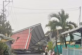 Fuertes lluvias y tormentas eléctricas provocan el derrumbe de un almacén de arroz de una empresa en la comuna de Dinh Thanh (provincia de An Giang). Foto: VNA