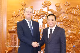 El miembro del Buró Político y jefe de la Comisión de Propaganda, Educación y Movilización de Masas del Comité Central del Partido Comunista de Vietnam, Trinh Van Quyet, y el embajador de Cuba, Rogelio Polanco Fuentes. (Foto: VNA)