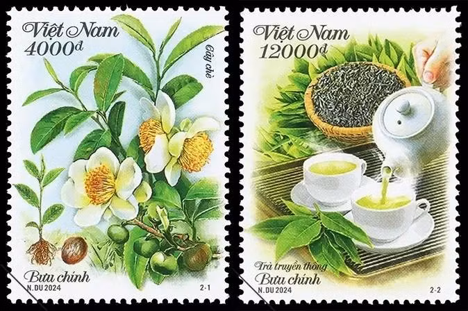 Dos muestras de sellos presentan la cultura y las plantas de té de Vietnam. (Foto: Corporación Postal de Vietnam)