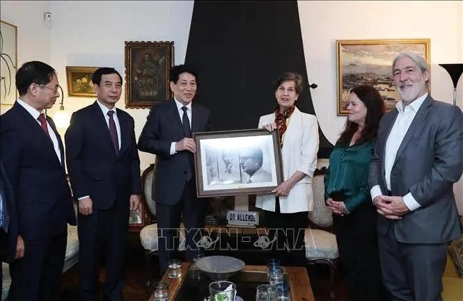 El presidente Luong Cuong (tercero, a la izquierda) entregó una foto a la senadora Isabel Allende, hija del fallecido presidente chileno (Foto: VNA)