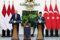 El presidente indonesio, Prabowo Subianto (derecha), y su homólogo turco, Recep Tayyip Erdogan, en una conferencia de prensa conjunta en Bogor el 12 de febrero. (Foto: AA/VNA)