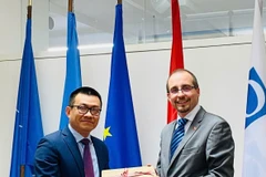 El embajador de Vietnam en Austria, Vu Le Thai Hoang (izquierda), entrega un recuerdo a Arnold Kammel, viceministro permanente de Defensa de Austria. Foto: VNA