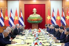 El secretario general del Partido Comunista de Vietnam, To Lam, sostiene una reunión con el primer secretario del Comité Central del Partido Comunista y presidente de la República, Miguel Díaz-Canel Bermúdez. (Fuente: VNA)