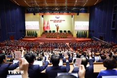 Los delegados votan por aprobar la Resolución del XIV Congreso del Partido Comunista de Vietnam. (Foto: VNA)