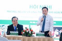 El vicepresidente del Comité Central de la Cruz Roja de Vietnam, Vu Thanh Luu, y el jefe del Departamento de Trabajo Social y Gestión de Desastres, Tran Si Pha, presiden la conferencia. Foto: VNA
