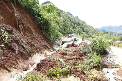 Las fuertes lluvias provocan deslizamientos de tierra, causando problemas de seguridad vial en la Carretera Nacional 4D, el tramo que limita con la ciudad de Lai Chau y el distrito de Phong Tho. (Foto: VNA)
