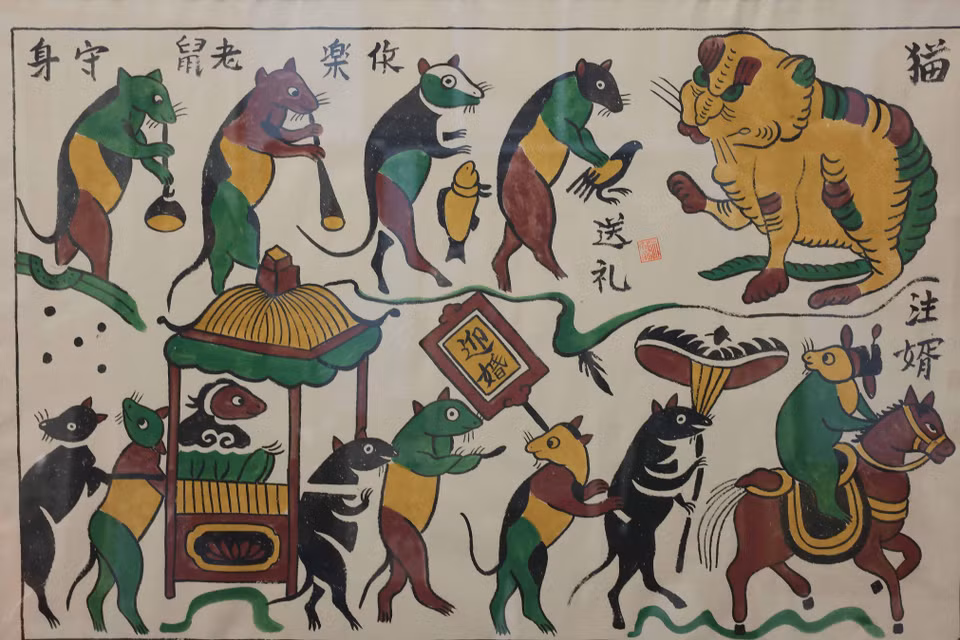 La icónica pintura de Dong Ho "La boda de las ratas" impresa en xilografía. (Fuente: VNA)