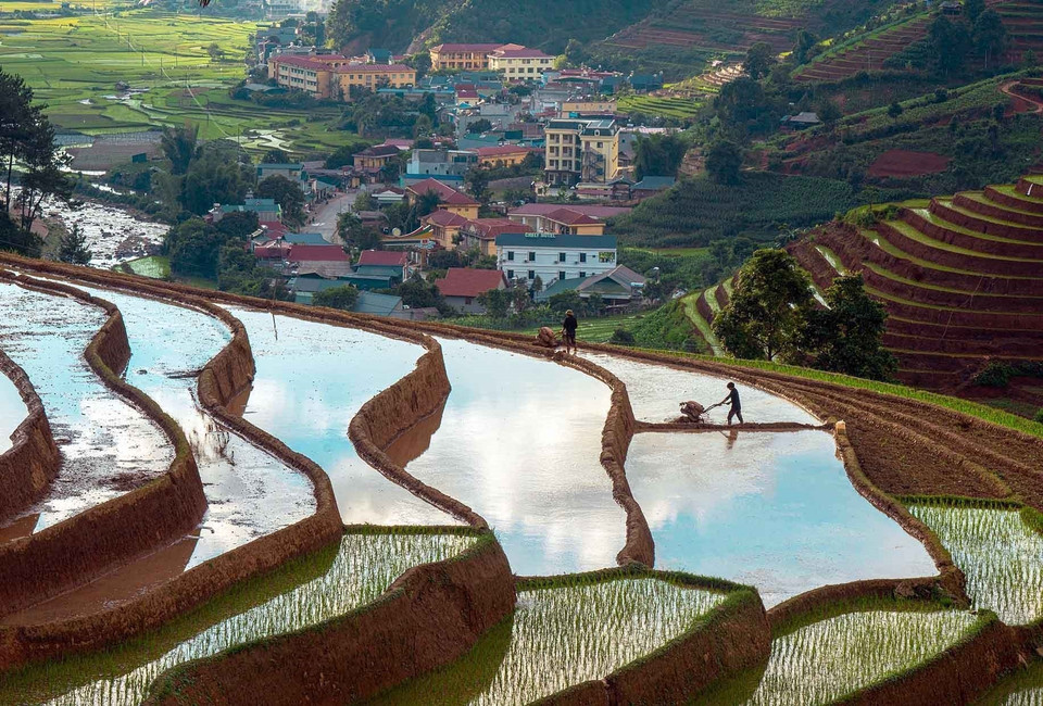 Campos en terrazas durante la temporada de riego en la comuna de Lao Chai, provincia de Lao Cai. (Fuente: VNA)
