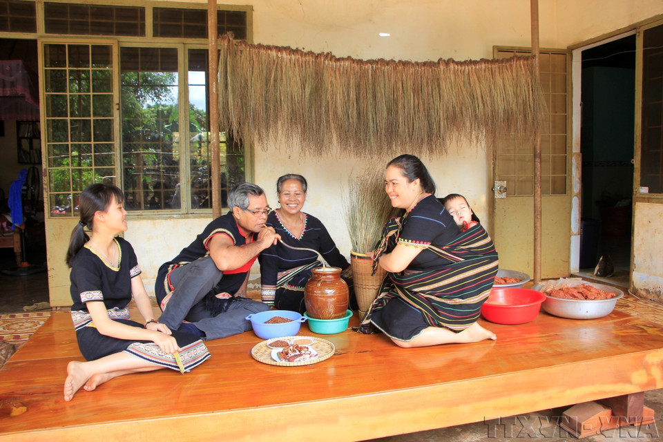 Una familia de Tay Nguyen (Altiplanicie Occidental) se reúne para disfrutar de platos tradicionales y beber vino de arroz. (Fuente: VNA)