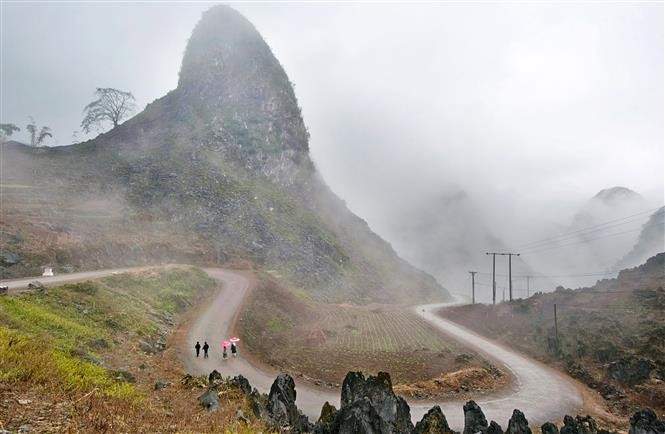 Montañas sumergidas en nubes en la meseta kárstica de Dong Van, ubicada en la provincia norteña de Tuyen Quang. (Fuente: VNA)