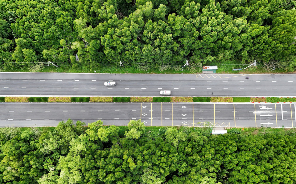 Tramo de seis carriles de la carretera Rung Sac con impresionantes categorías de seguridad vial, vista desde arriba. (Fuente: VNA)