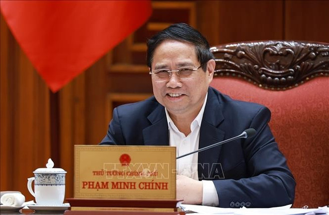 El primer ministro de Vietnam, Pham Minh Chinh, interviene en la reunión (Foto: VNA) hinh-anh-14.jpg