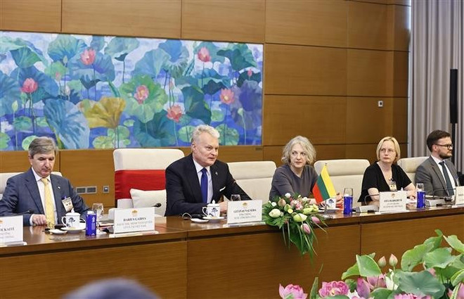El presidente de Lituania, Gitanas Nausėda, interviene en la cita (Foto: VNA) vna-potal-chu-tich-quoc-hoi-tran-thanh-man-hoi-kien-tong-thong-litva-gitanas-nauseda-8087865.jpg