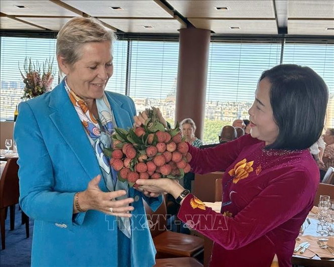 La vicepresidenta de la Asamblea Nacional de Vietnam, Nguyen Thi Thanh, regala lichi, una especialidad del país indochino, a la presidenta del Grupo de Amistad Vietnam-Francia en el Parlamento francés, Anne Le Hénanff (Foto: VNA) vietnam-phap-11072025-01.jpg