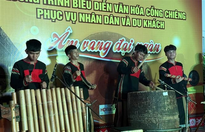 Una presentación de instrumentos musicales de las minorías étnicas locales (Foto: VNA) cac-nghe-sy-tre-bieu-dien-nhac-cu-cua-nguoi-dong-bao-dan-toc-thieu-so-anh-tuong-quan-ttxvn.jpg